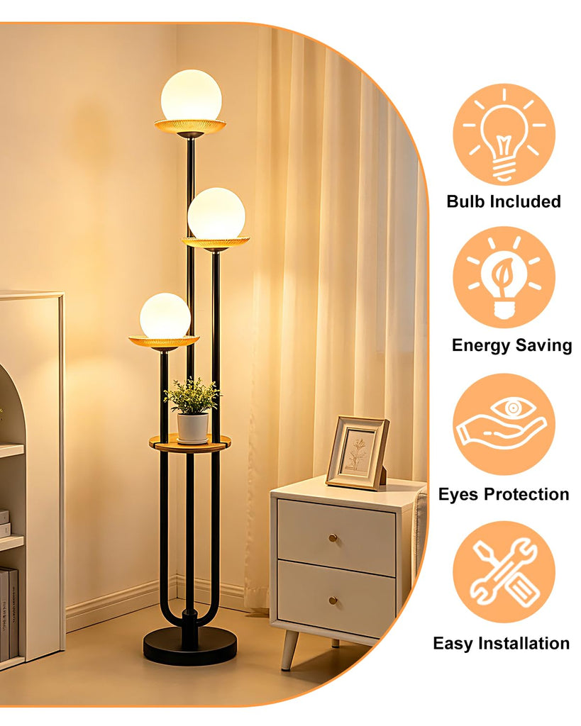 Black Floor Lamp Dimmable with Amber Glass Tray Tall Lamp