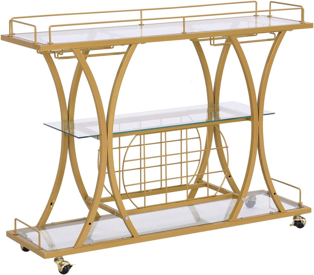 Gold Bar Carts with Glass Holders & Wine Rack,3 Tier Home Bar Serving Carts with Glass Shelves,Metal Rolling Bar
