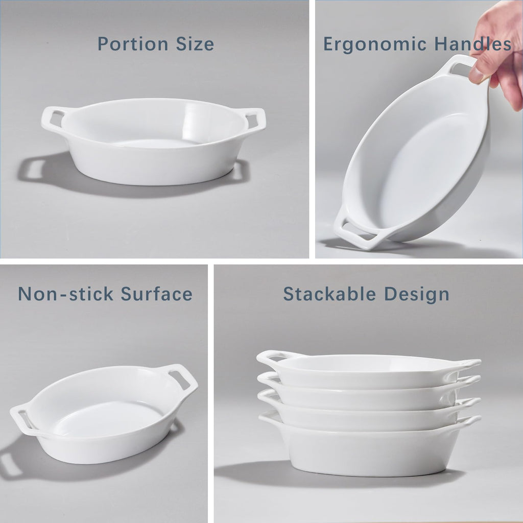 Oval Ceramic Au Gratin Baking Dishes with Handles, 20 oz, Set of 4