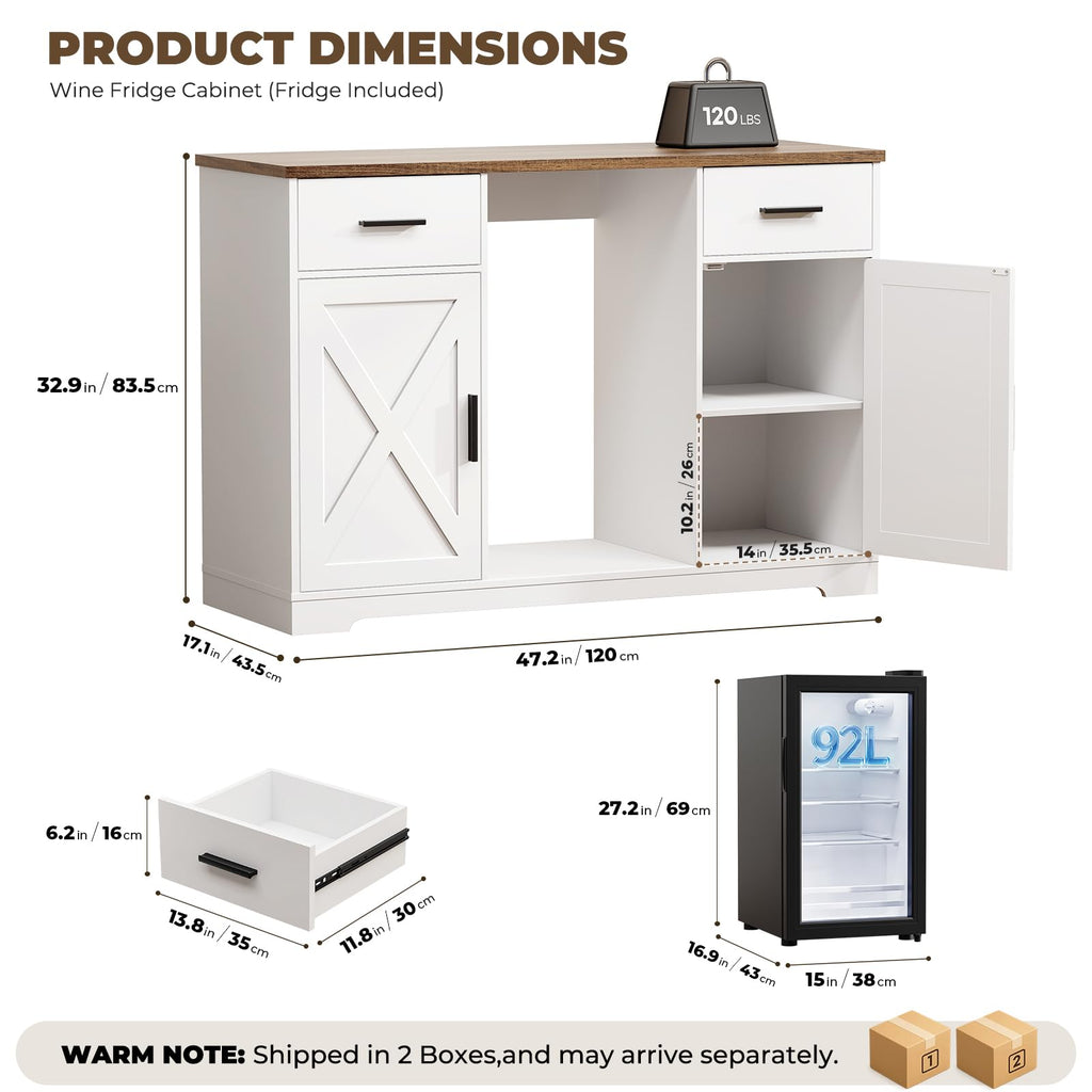 47" Farmhouse Coffee Bar Cabinet with Fridge Included, White