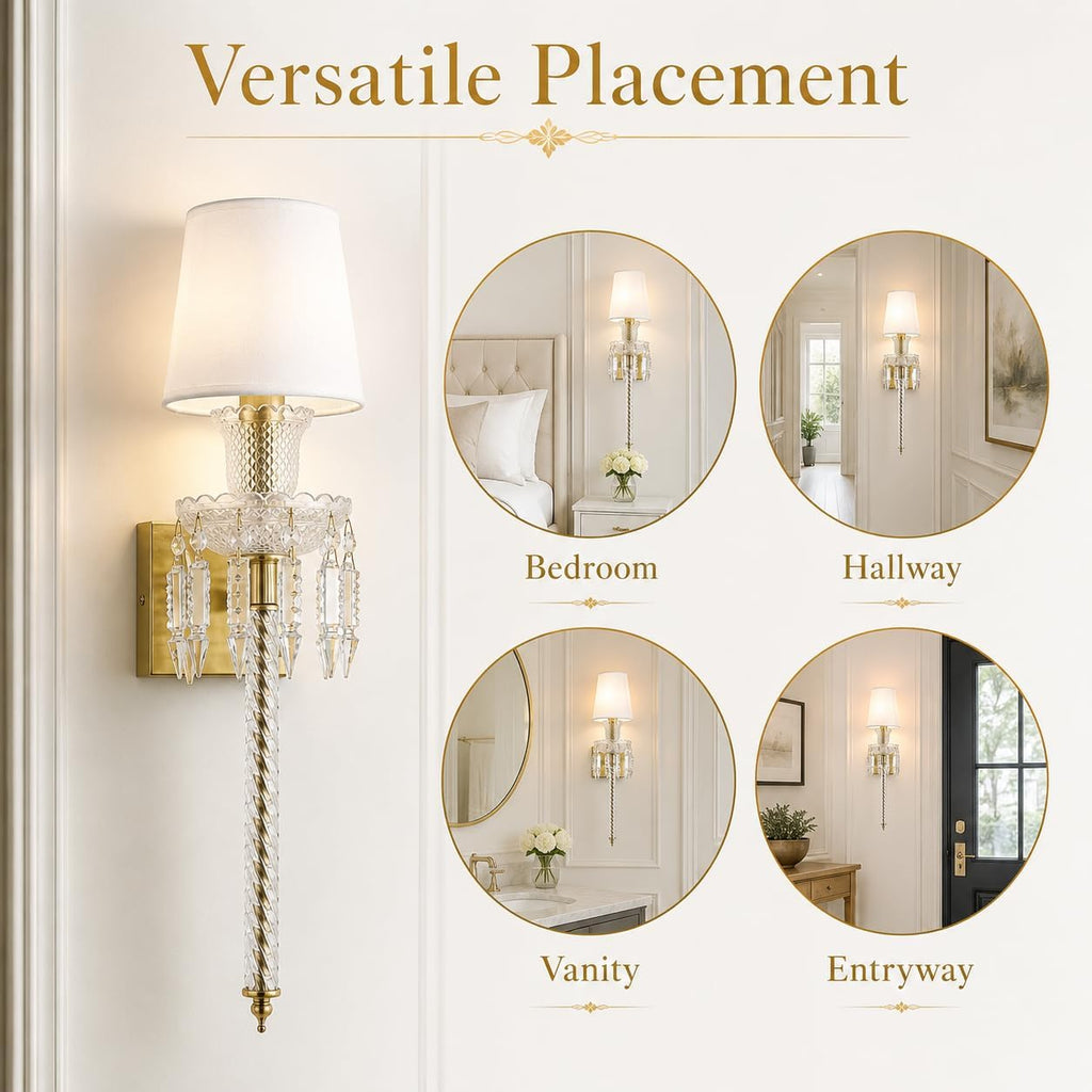 Modern Crystal Wall Sconce with Linen Shade Vintage Crystal Gold Wall Light Modern Glass Golden Wall Lamp for