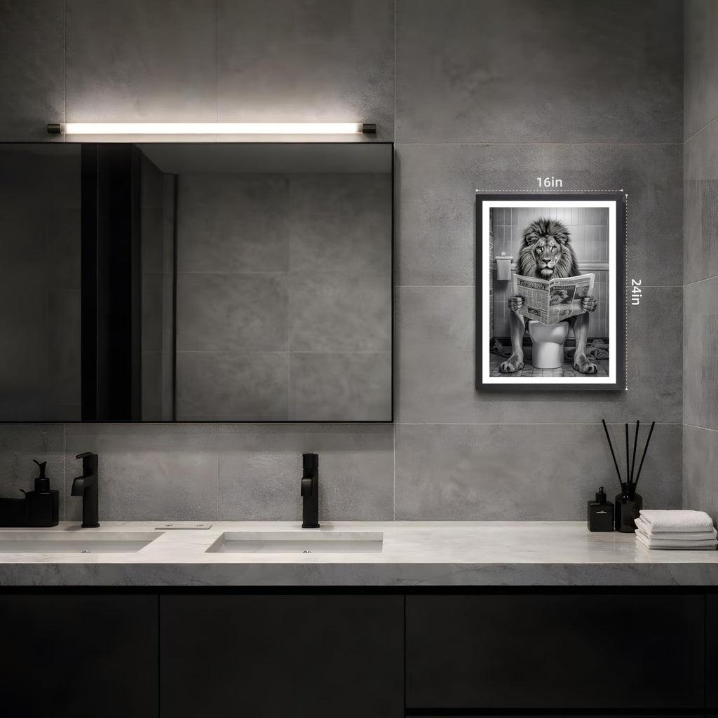 Wood Framed Funny Lion Bathroom Wall Art, Lion Reading Newspaper Toilet Wall Decor, Black and White Bathroom Canvas