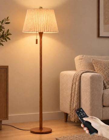 Wood Floor Lamp with Remote, Dimmable Farmhouse Floor Lamp, Walnut