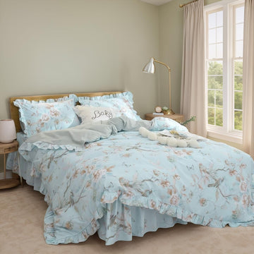 Farmhouse Floral Bedding Shabby Blue Bird Print French Countryside Chic Bedding Set Luxury Bedskirt Collections 800