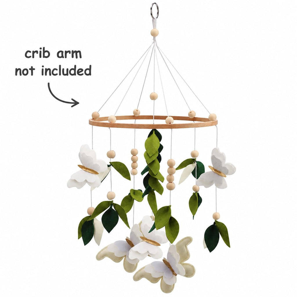 Butterfly Mobile for Crib - A Beautiful Neutral Butterfly Crib Mobile with Green Leaves, White and Gold Detail