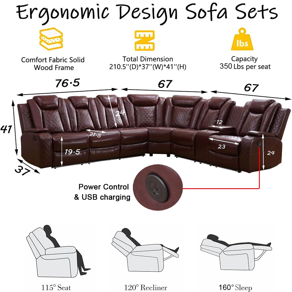 Leather Power Reclining Sectional Sofa with USB charging