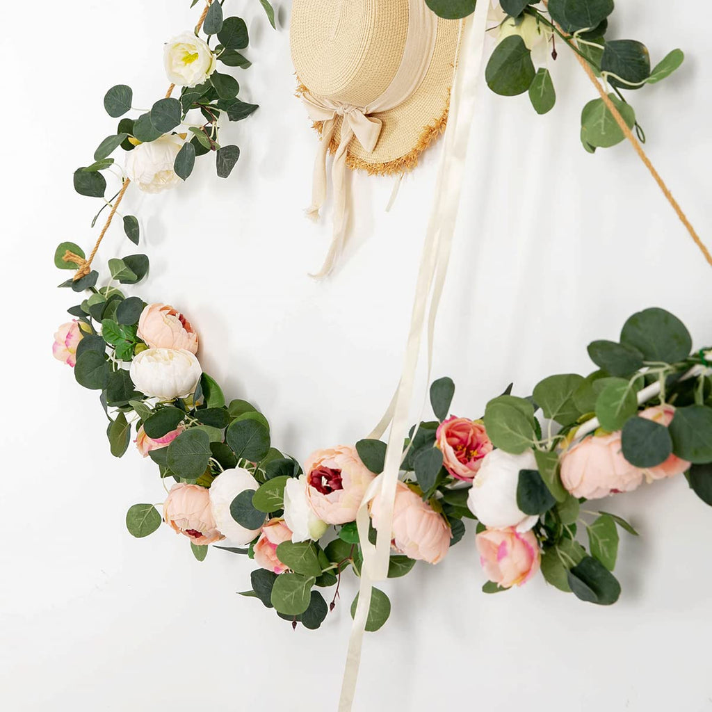 2 Pack Artificial Flower Garlands 11.2FT Eucalyptus Garlands with Flowers 8 Head Peony Flower Vine Faux Floral