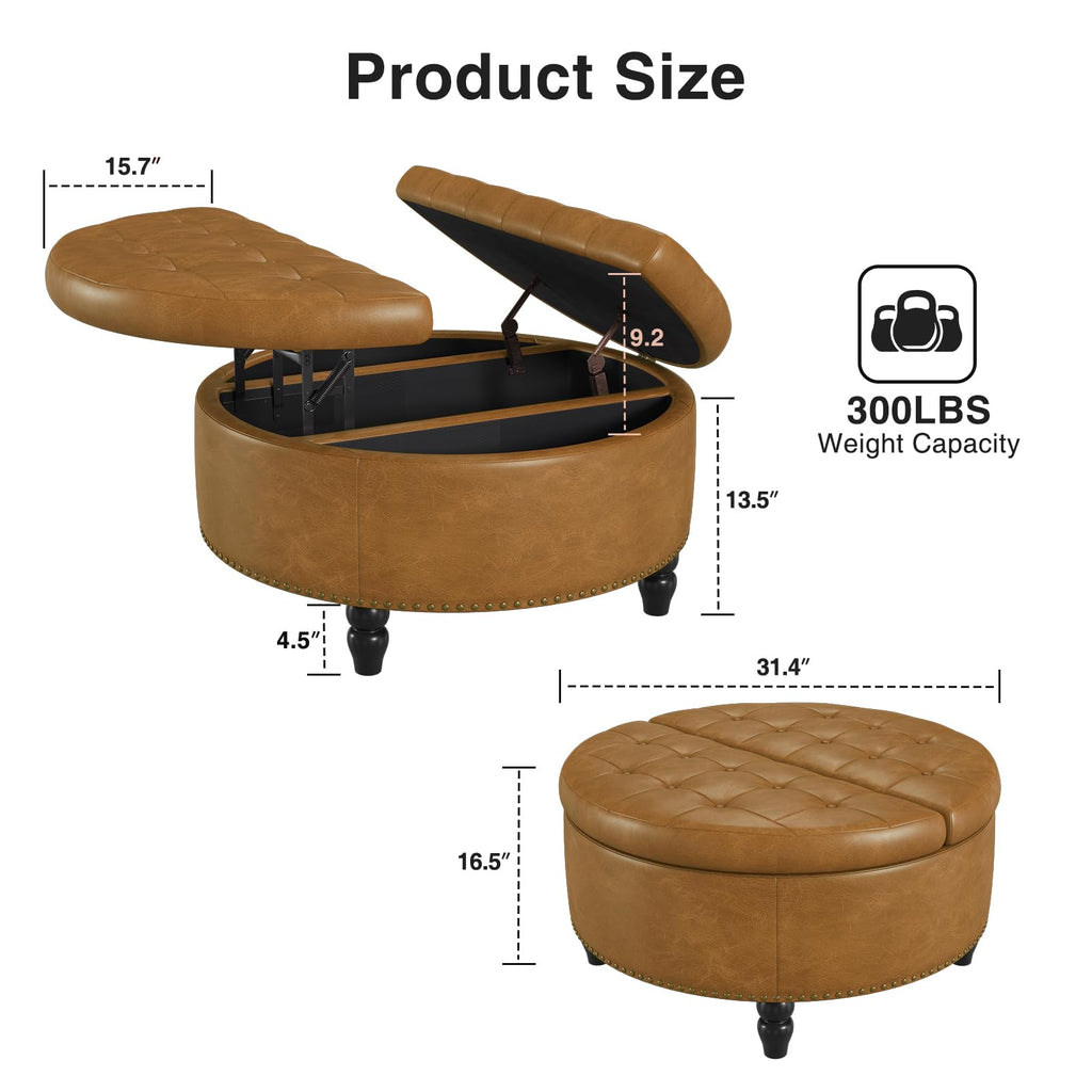 31.5 Inch Large Round Ottoman with Storage Circular, Camle