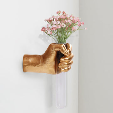 Gold Wall Sculptures, Hand Vases Home Decor, Wall Mount Art Sculpture, Unique Wall Art Statue, Funky Flower Vase