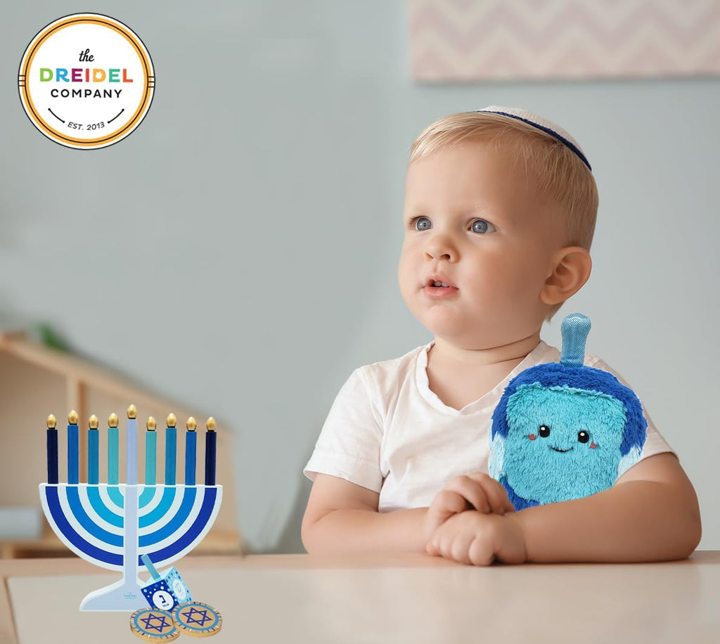 Mini Blue Hanukkah , 5" Inch Children Wooden Chanukah Set with Removable Wooden Candles, 3" Inch Dreidel, and Gelt
