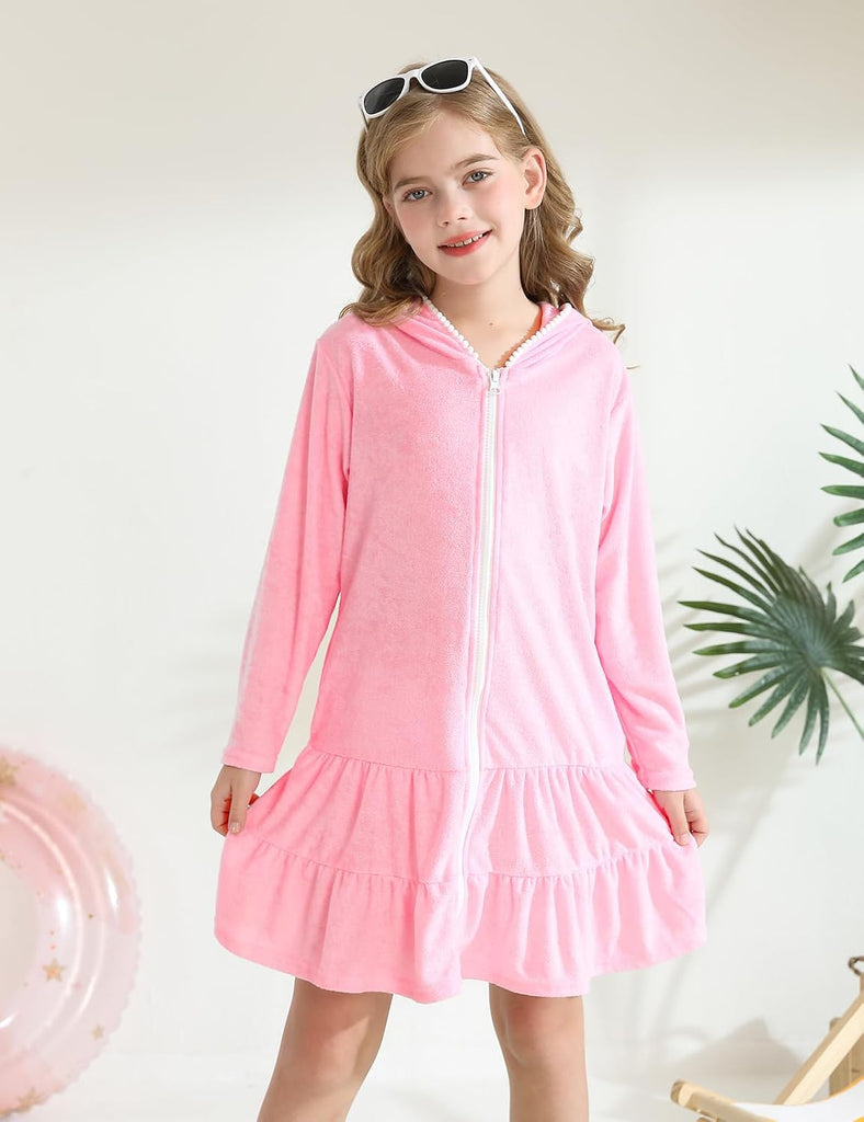 Girls Swim Cover Up Kids Long Sleeve Swimsuit Coverup Terry Beach Pool Clothes with Sunglasses