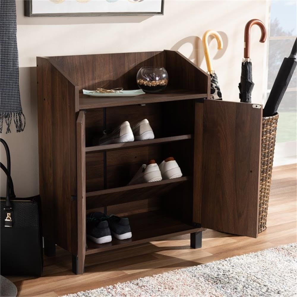 Rossin Modern and Contemporary Walnut Brown Finished 2-Door Wood Entryway Shoe Storage Cabinet with Open Shelf