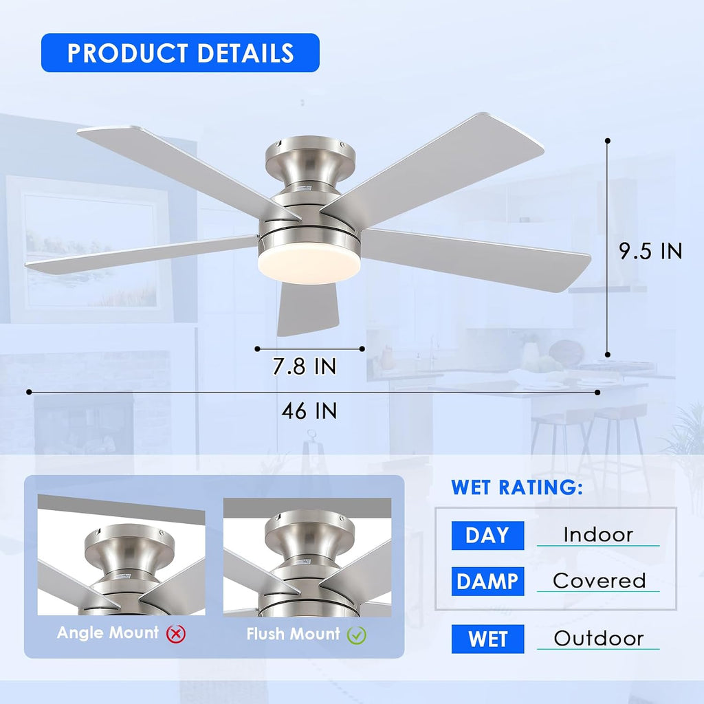 46IN Ceiling Fan with Lights and Remote/APP - Flush Mount Low Profile Ceiling Fan Light with 3CCT Dimmable, 6 Speeds Reversible, Modern Fan Light Fixture for Indoor, Covered Patios, Nickel A101-B0DKDY84QF