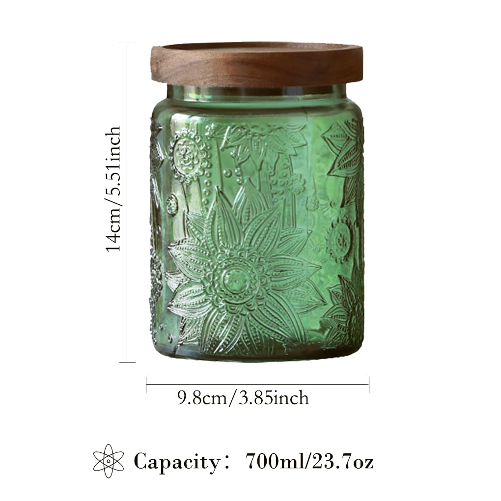 2-Pack Green Vintage Glass Jars, 23.7 oz Sunflower Embossed Food Canisters