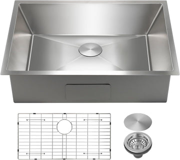 32 Inch Undermount Kitchen Sink with Quiet Drain, Bottom Grid - 11 Gauge Stainless Steel Single Bowl