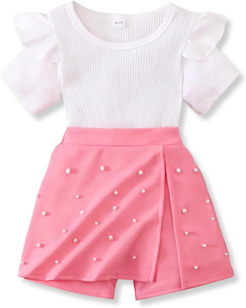 2 Piece Clothes Ruffled Sleeve Striped Top and Pearl Skirt Short Set Girl Summer Clothes