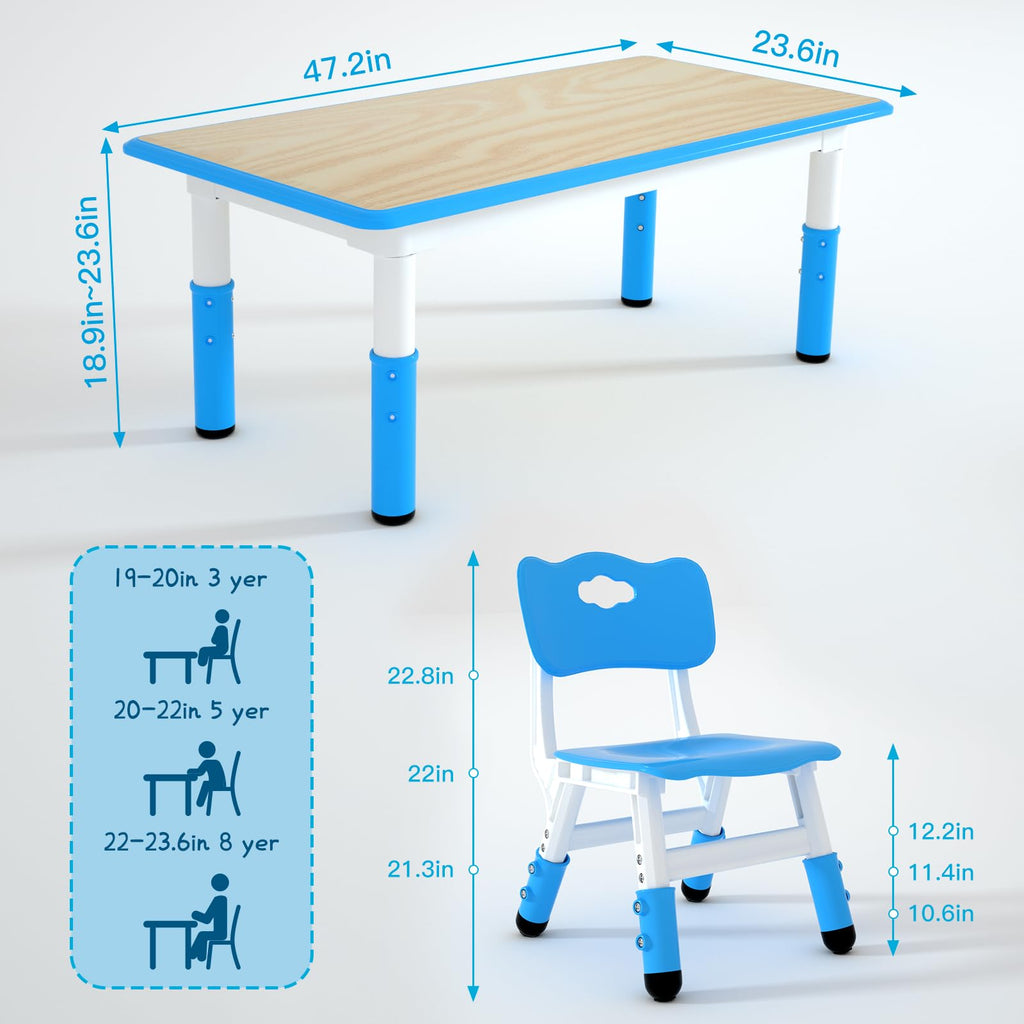 Kids Table and 4 Chairs Set, Height Adjustable Children Table & Chair, Toddlers Study Multi-Activity Table with