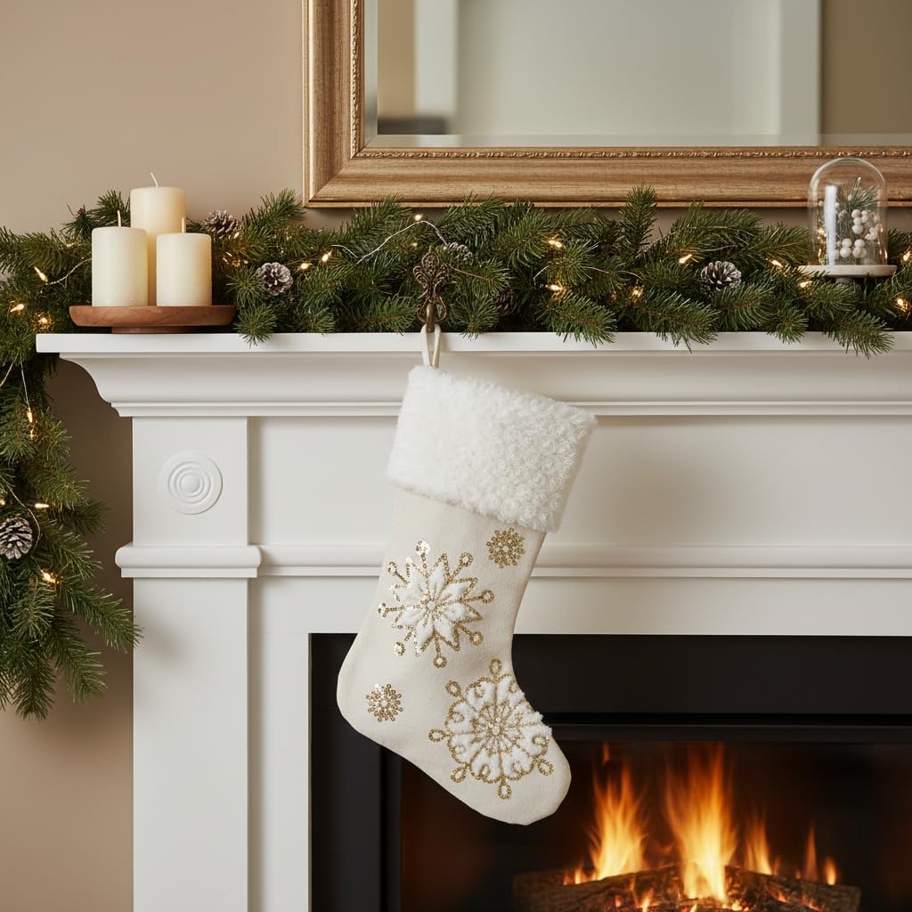 18 Inch Snowflake Christmas Stocking, Gold Décor