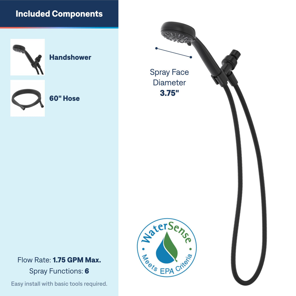 6-Function Handheld Shower Head with Hose, Detachable Hand Shower, Matte Black, 280H1BL