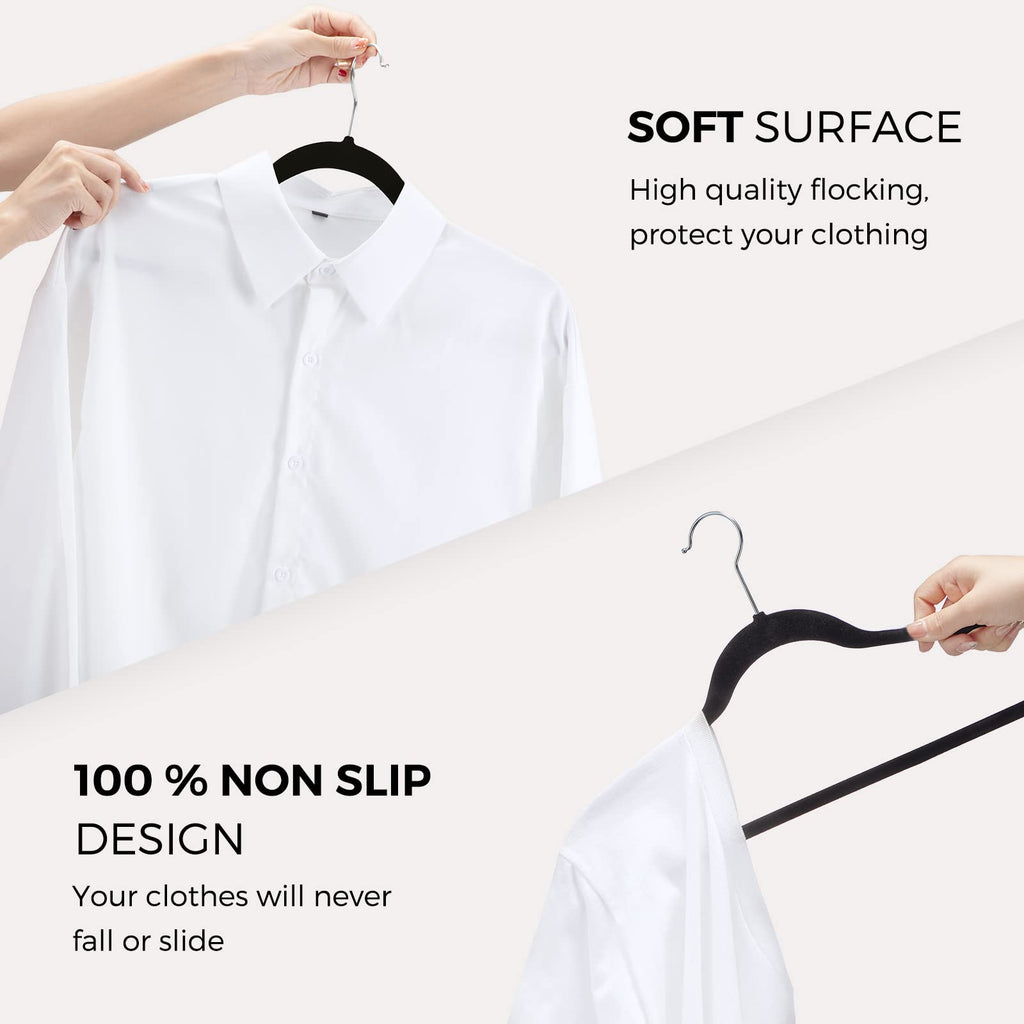 Premium Velvet Hangers, Non-Slip Flocked Felt, Sturdy Coat & Suit Hangers for Closet Space Saving (100 Pack, Black)