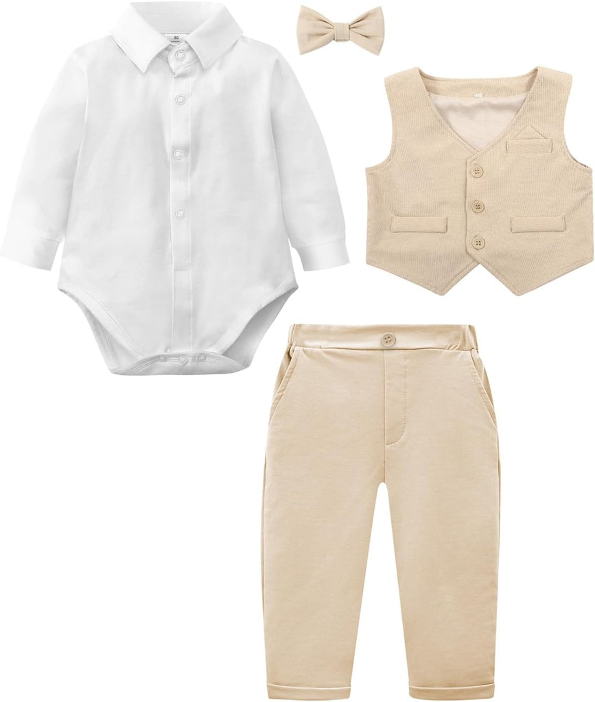 4Pcs Baby Boy Suits Dress Outfit Shirt Pants Bowtie Vest Set