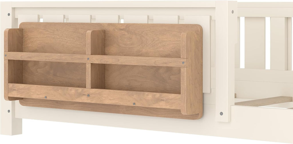 Twin Size Floor Bed with high Rails and with Built-in Bookshelf for Kids, Girls, Boys, Wood Montessori Floor Bed