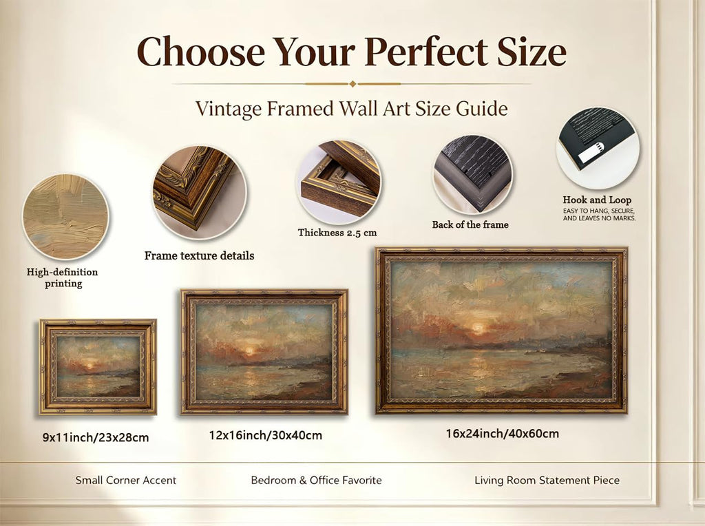 Vintage Gold Framed Sunset Water Wall Art Retro Coastal Landscape Print