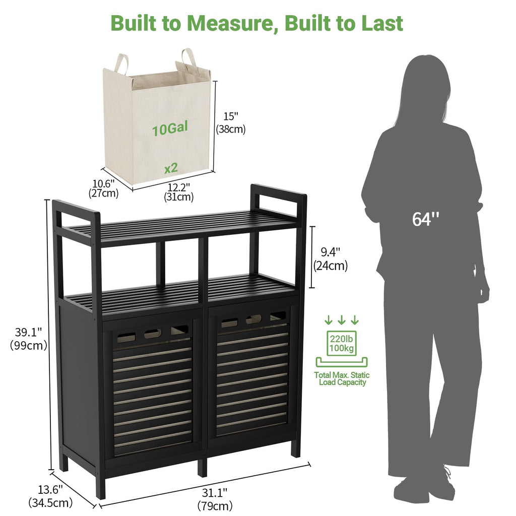 Bamboo Double Tilt Out Laundry Hamper Cabinet with 2 Bags, Black