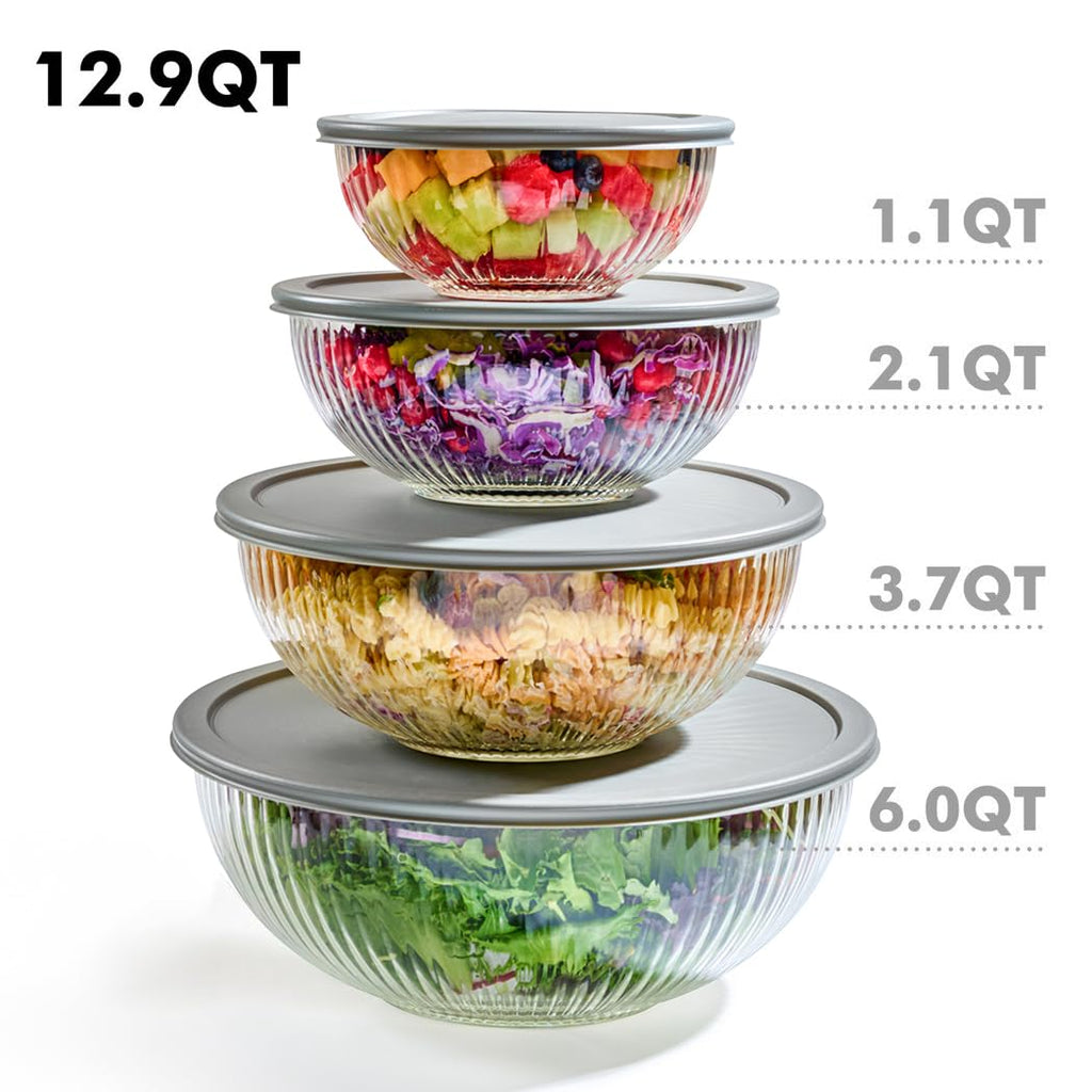 8pc Ribbed Glass Mixing Bowls with Leakproof Airtight Lids - BPA-Free Meal Prep Stackable Space Saving Nesting