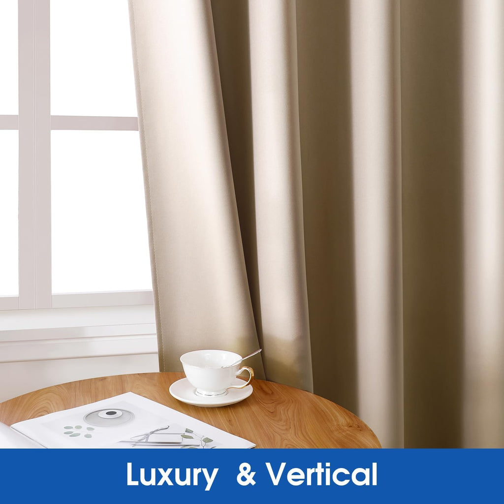 2 Panels Beige Faux Silk Blackout Luxury Curtains, 52 X 96 Inch Champagne Gold Room Darkening Satin Thermal Insulated