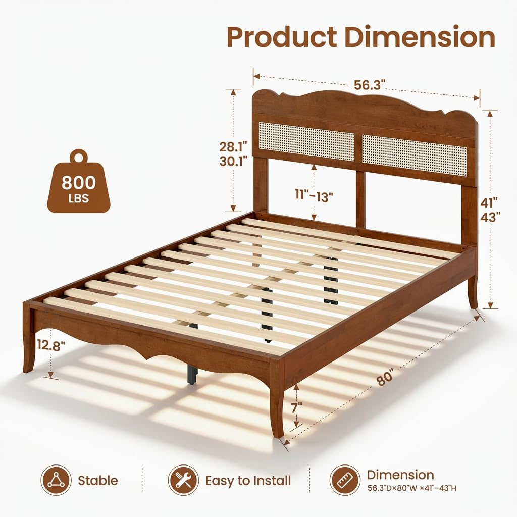 Solid Wood Full Size Bed Frame with Adjustable Headboard
