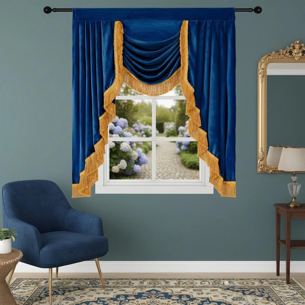 Velvet Valance Curtains, Soft Luxury Waterfall Valance with Gold Tassel Fringe Windows Royal Blue Victorian Style