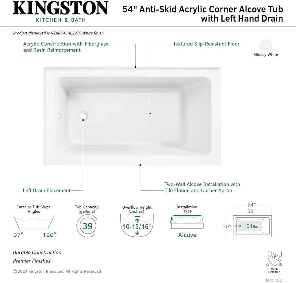 VTAP5430L22TS 54-Inch Acrylic 2-Wall Corner Alcove Tub with Left Hand Drain, White