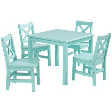 Solid Hard Wood Kids Table and Chair Set, Mint Blue, 5 Piece