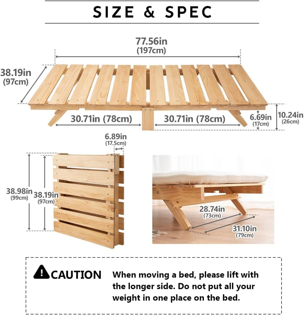Foldable Wood Slatted Floor Bed Frame for Japanese Futon Mattress Solid Pine (Retro-Brown), Foldable and