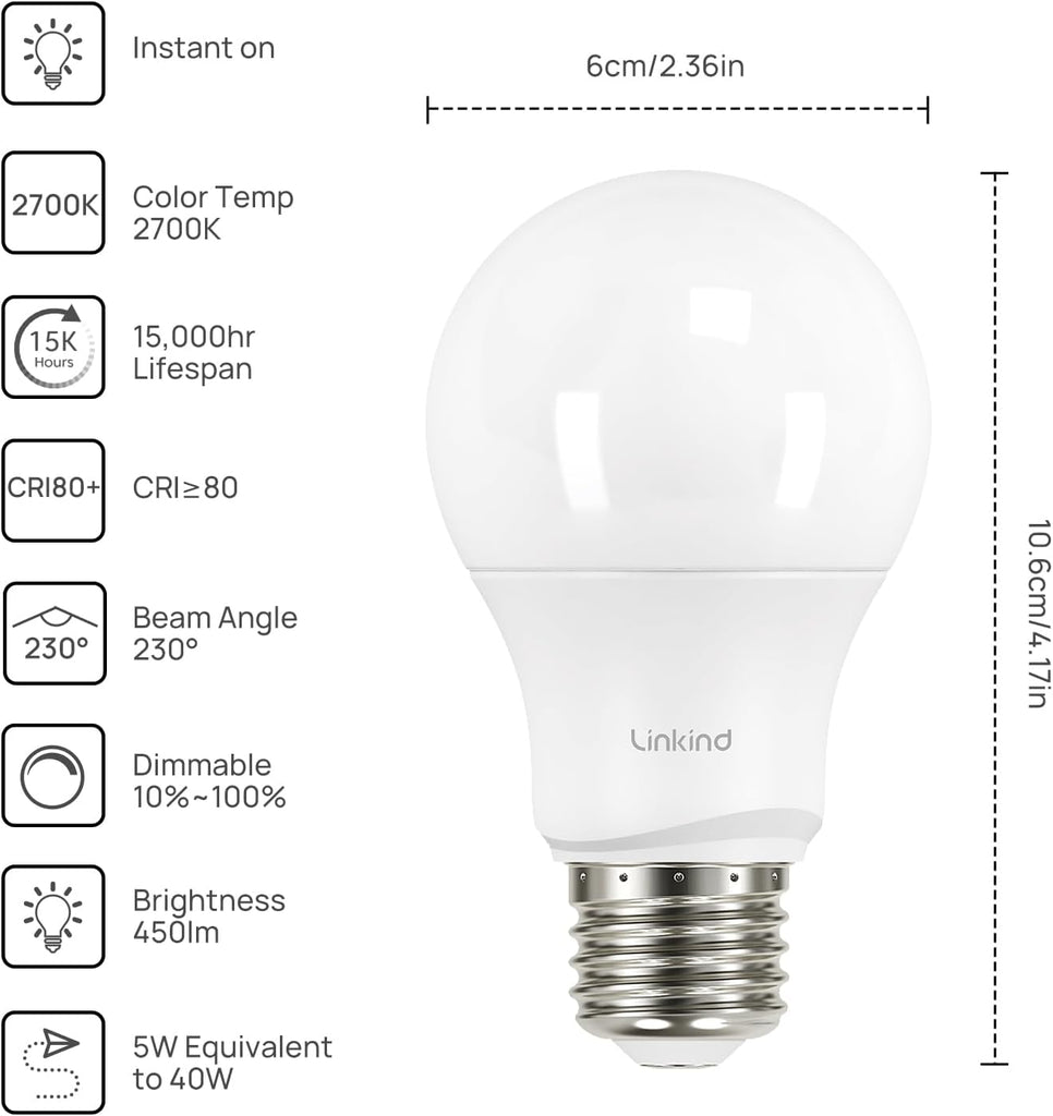 A19 LED Light Bulbs Dimmable, 40 Watt Equivalent, E26 Base, 2700K Soft White, 5W 450 Lumens CRI80+, 120V, UL Listed