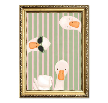 Funny Goose Bathroom Wall Art Cute Silly Gooses Toilet Wall Decor Painting, Green Pink Stripes Animal Poster Canvas