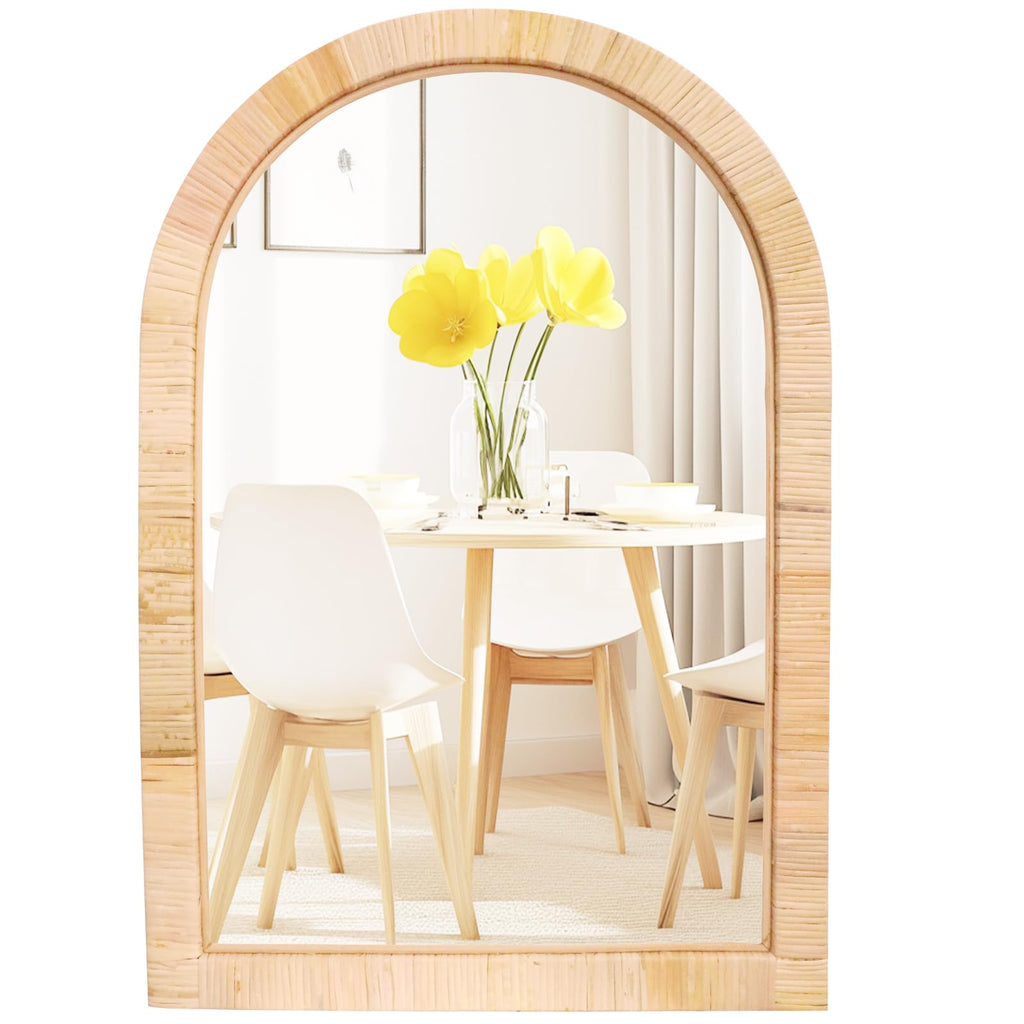 Rattan Mirror, Arch Boho Bathroom Mirror for Wall, 20x30 Wicker Vanity Mirror Décor, Coastal Farmhouse Wood Mirror