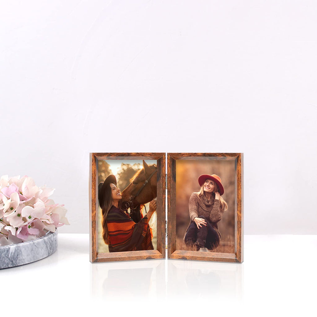 4x6 Double Picture Frame Rustic Brown Wooden Hinged Beveled Photo Frame Definition Glass 2 Vertical Openings Stand on