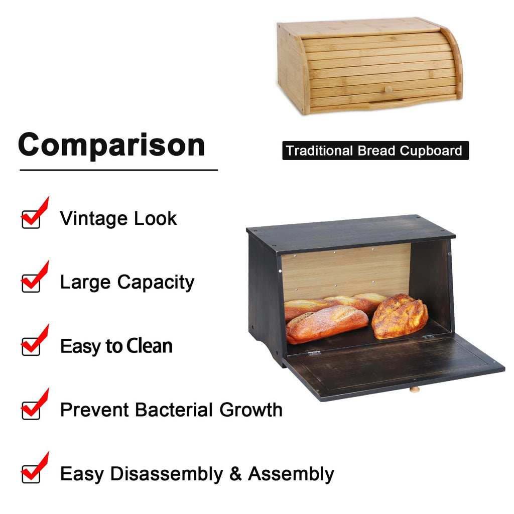 Bread Box - Vintage Wood Counter,Retro Storage Bin,Black