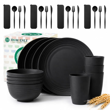 Plates and Bowls Sets 28 Pcs Black Wheat Straw Dinnerware Sets