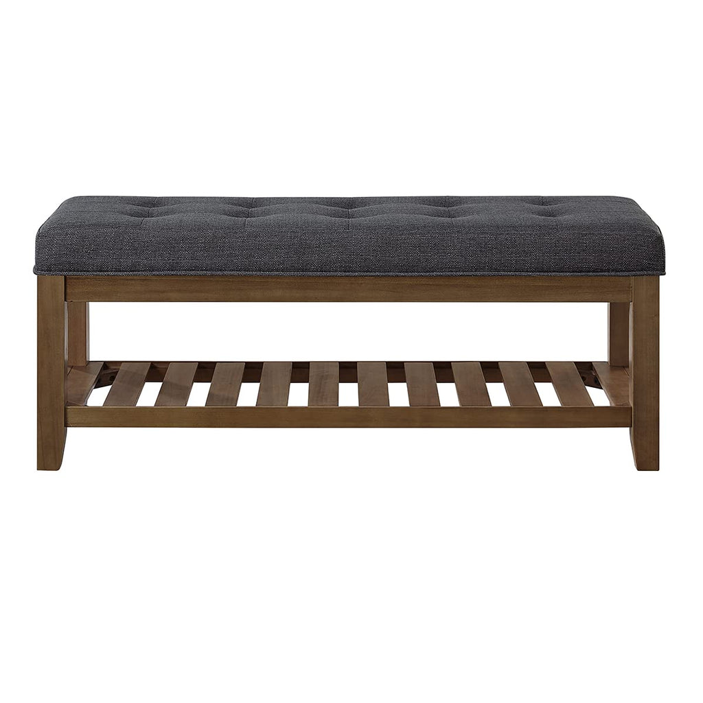 Large Rectangular Upholstered Tufted Linen Fabric Ottoman Bench, Padded Bench with Solid Wood Shelf-Charcoal