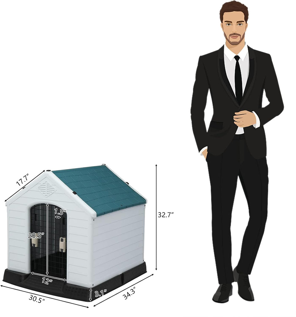 Plastic Dog House, 33" Pet Dog Kennel with Door Water Resistant for Small Medium Sized Dogs, Indoor & Outdoor Use