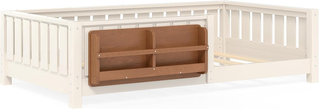 Kids Montessori Bed with Bookshelf, Solid Wood with Fence and Slats for Girls Boys, Low-Profile, Beige
