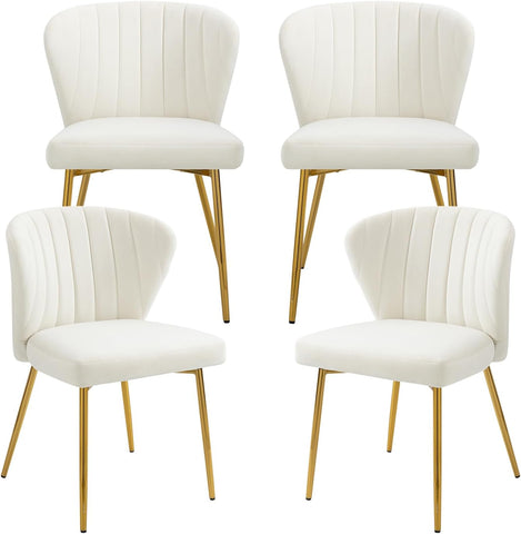 Velvet Dining Chairs Set of 4, Modern Upholstered Dining Room Chairs with Gold Metal Legs, White