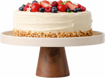 10.7-Inch Stoneware Cake Stand with Acacia Wood Base - Taupe Round Dessert Display Stand for Cakes, Cupcakes & Party