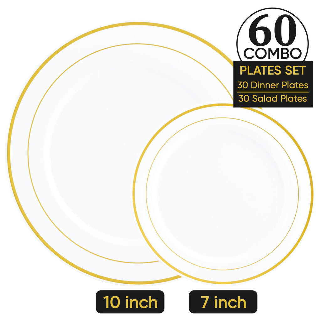Gold Plastic Plates Set of 60, Disposable Plates with Gold Rim