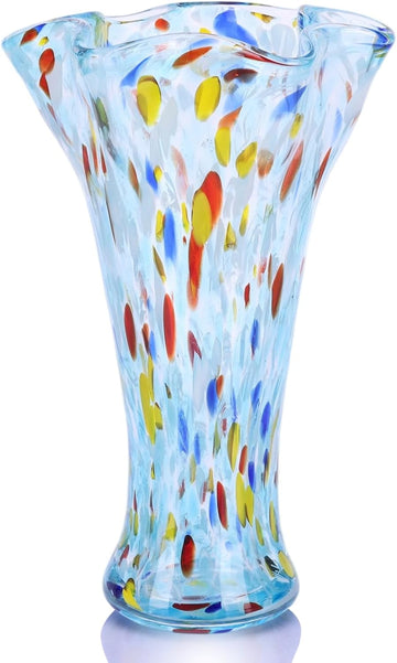 Hand Blown Glass Vase for Flowers, Murano Style Fluted Art Aqua Glass Vase, Wide Mouth Colorful Decorative Vase