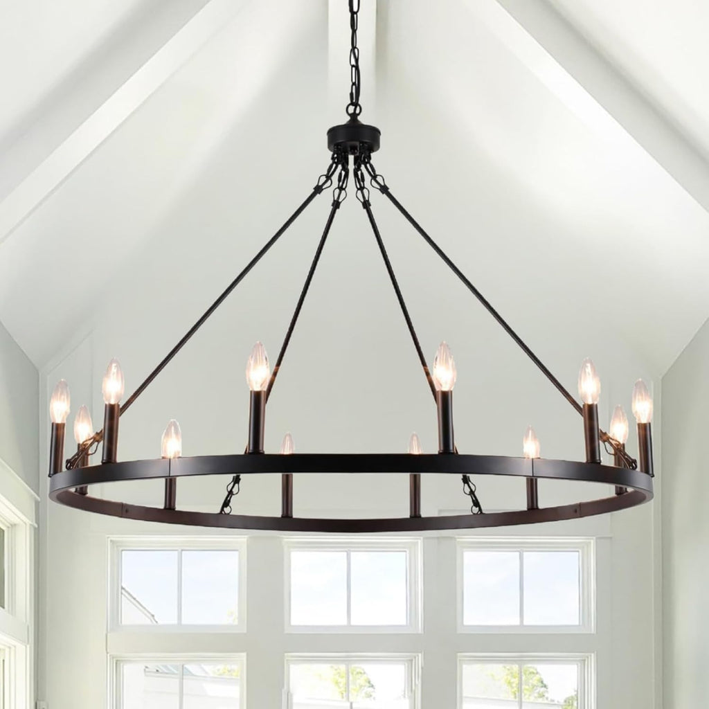 Black Large Wagon Wheel Chandelier 38 inch, 12 Lights Farmhouse Chandelier, Industrial Rustic Candle Pendant Light Fixture for High Ceiling Living Room Dining Room Entryway A105-B0BNC15QDS