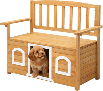 Outdoor Dog House, Wood Bench with Dog House for Small Pets, Outdoor Cat House with Flip Seat for Easy